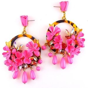 J. Crew Tortoise Hoops with Pink Enameled Flowers